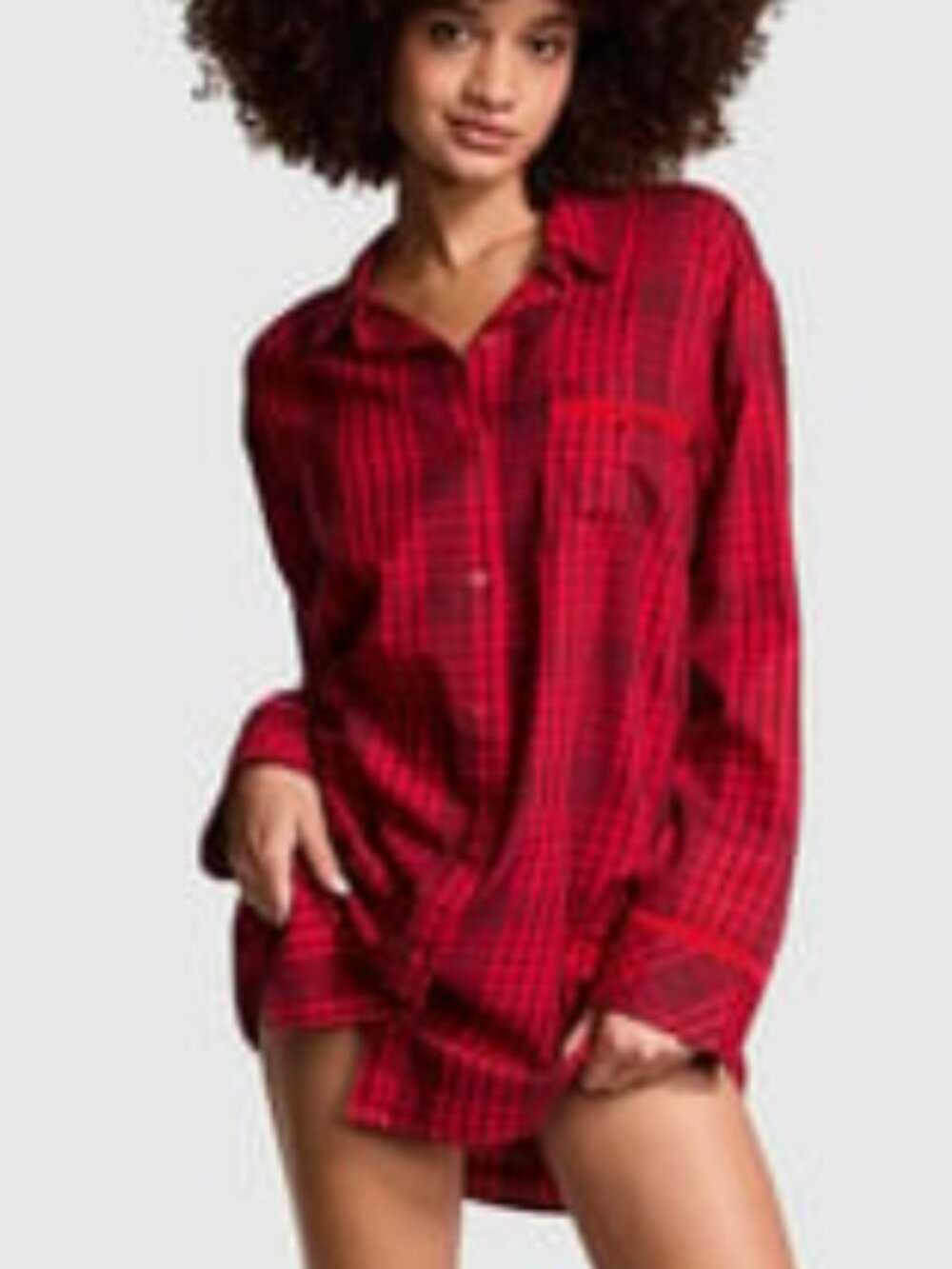 Victoria Secret PINK Plaid Velvet Trim Button Up Sleepshirt Pajama Top Small NWT